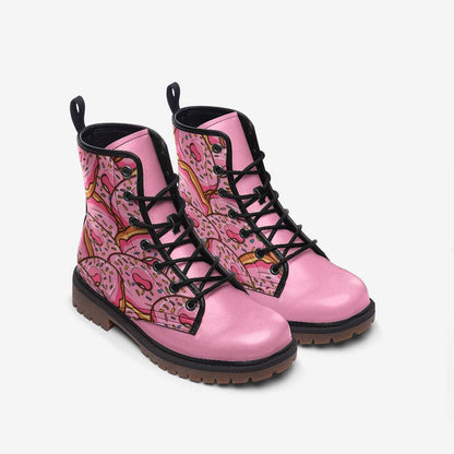 Donut Combat Boots Pink Lace Up Shoes, Sprinkle Print Ankle Boots for Sweet Style