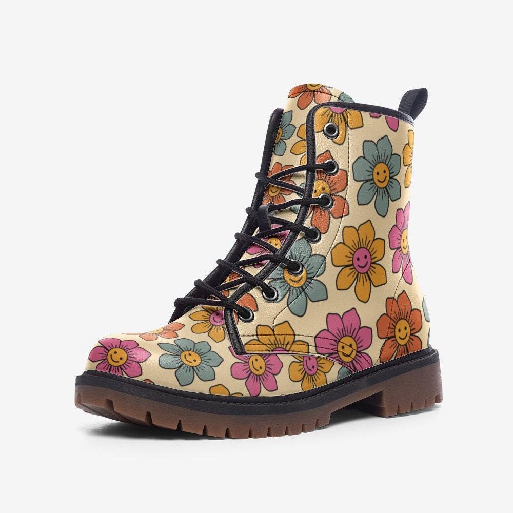 Vegan Combat Boots with Flower Pattern, Festival, Hippie
