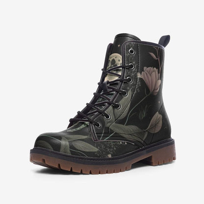 Golden Sun Moon Combat Boots, Celestial Floral Witchy Festival Shoes, Mystical Luminous Style