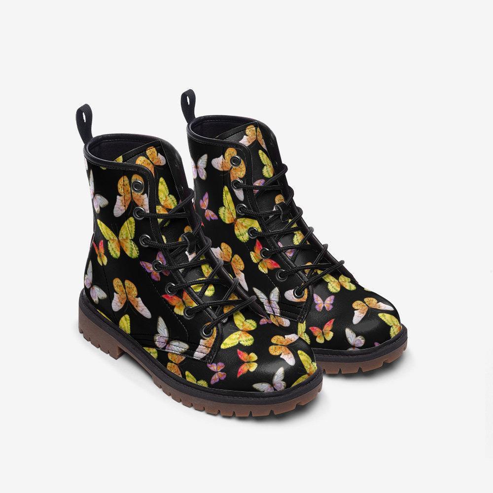 Butterfly Combat Boots, Vegan Leather Ankle Shoes, Colorful Nature-Inspired Chunky Boots, Unisex Lace-Up Footwear