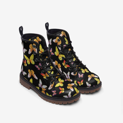 Butterfly Combat Boots, Vegan Leather Ankle Shoes, Colorful Nature-Inspired Chunky Boots, Unisex Lace-Up Footwear