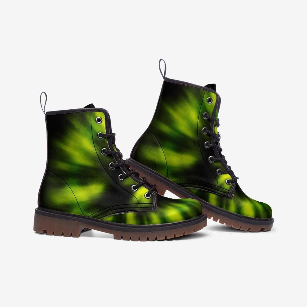 Green Tie-Dye Combat Boots, Vegan Leather Footwear, Grunge Festival Shoes, Edgy 90s Style Boots