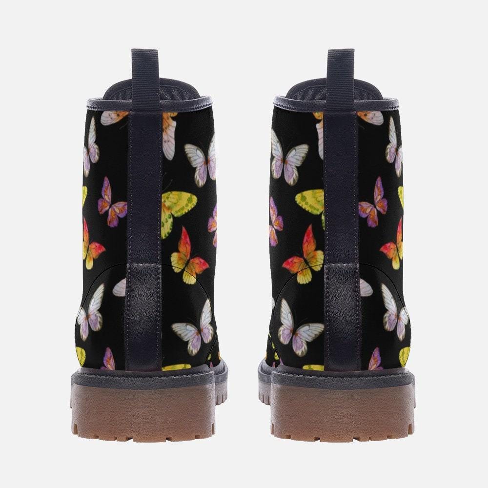 Butterfly Combat Boots, Vegan Leather Ankle Shoes, Colorful Nature-Inspired Chunky Boots, Unisex Lace-Up Footwear
