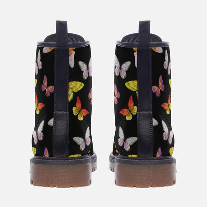 Butterfly Combat Boots, Vegan Leather Ankle Shoes, Colorful Nature-Inspired Chunky Boots, Unisex Lace-Up Footwear