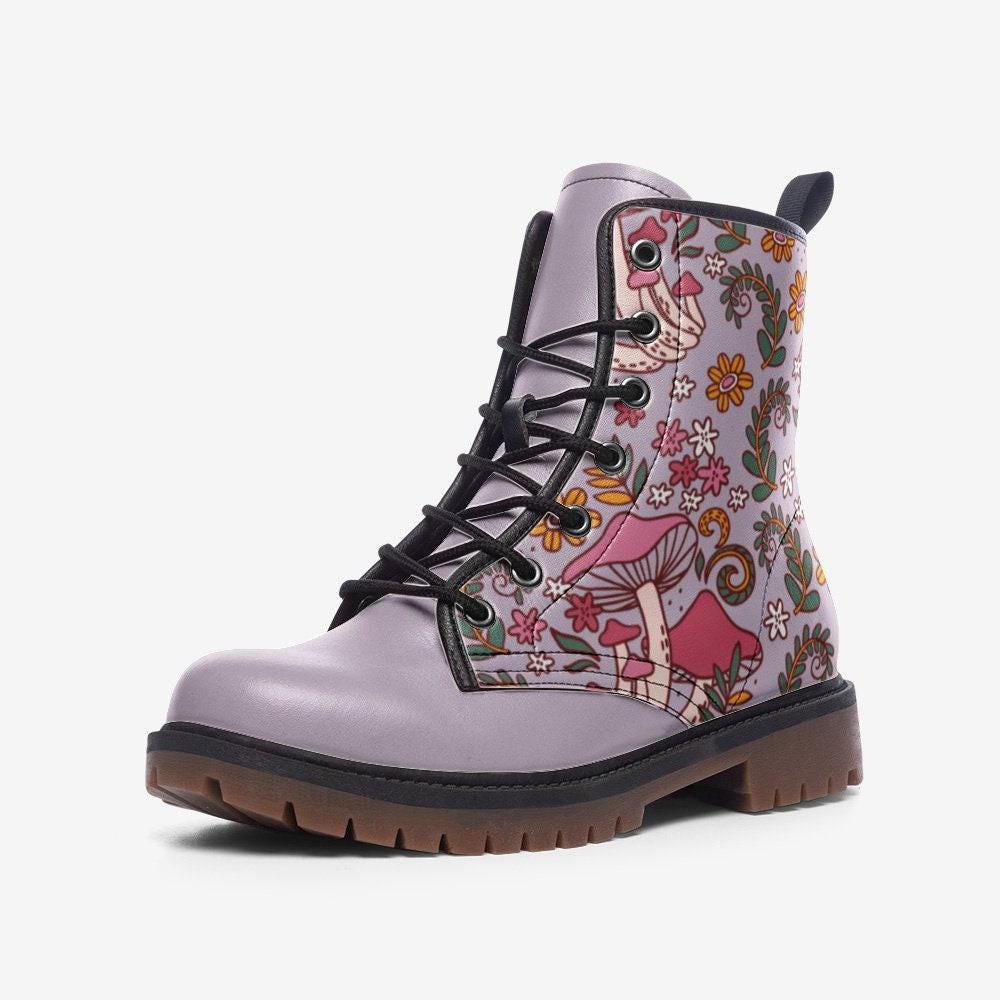 Pastel mushroom combat boots, fairycore lace-up shoes, whimsical cottagecore festival footwear