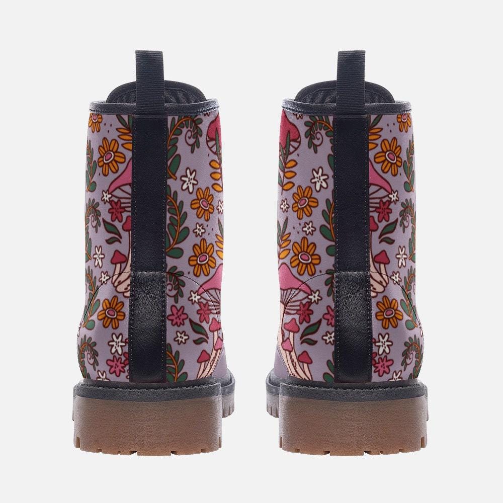 Pastel mushroom combat boots, fairycore lace-up shoes, whimsical cottagecore festival footwear