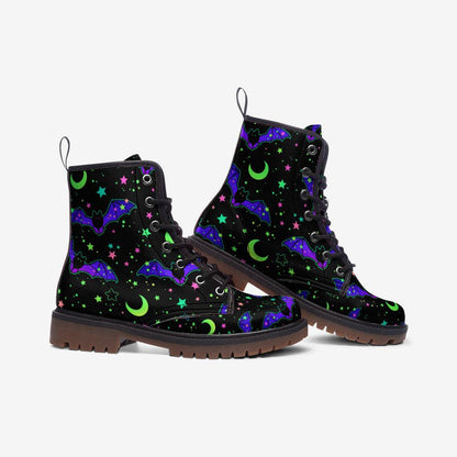 Bat Combat Boots, Moon Star Goth Ankle Boots, Witchy Alternative Footwear
