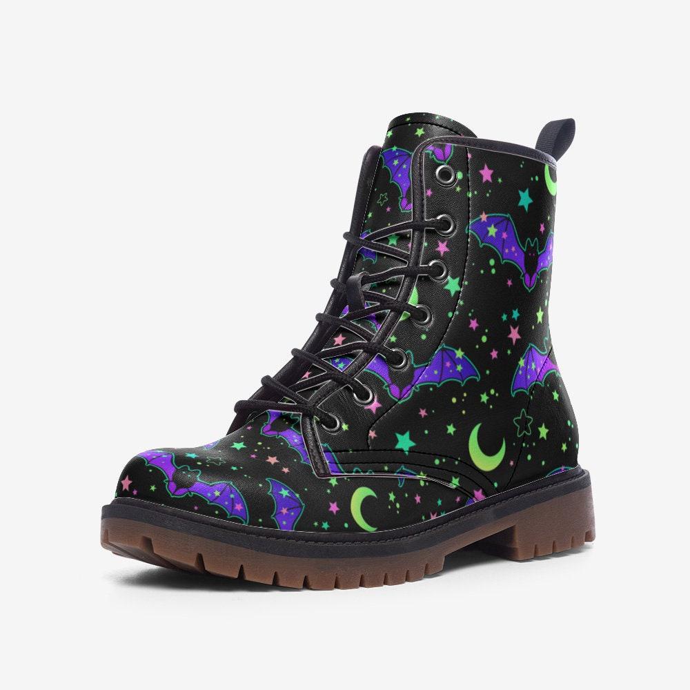 Bat Combat Boots, Moon Star Goth Ankle Boots, Witchy Alternative Footwear
