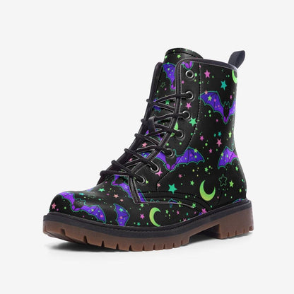 Bat Combat Boots, Moon Star Goth Ankle Boots, Witchy Alternative Footwear