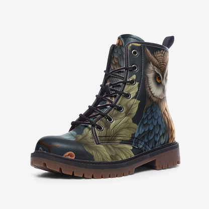 Enchanted owl combat boots, woodland night lace up shoes, mystical bird print footwear