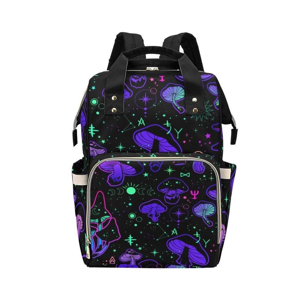 Mushroom Print Diaper Bag Backpack, Spooky Pink Skull Baby Organizer, Edgy Travel Bag for Moms