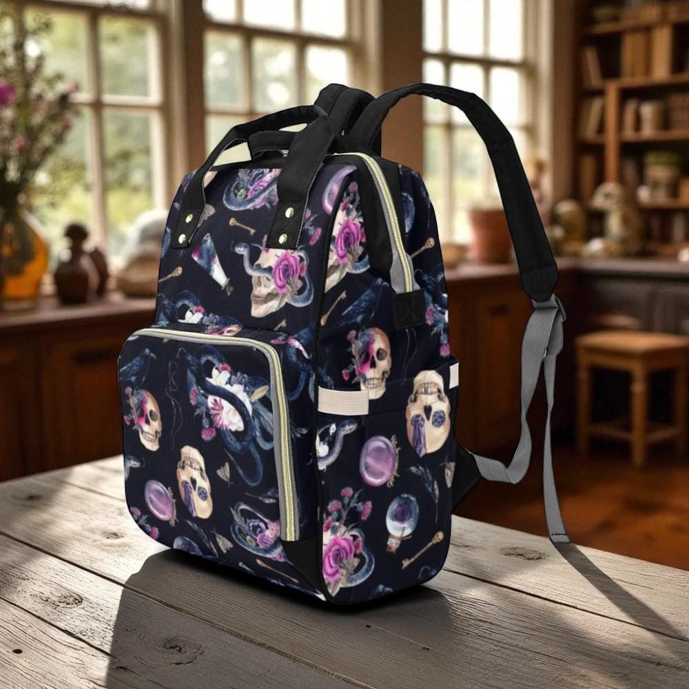 Occult Skull Backpack, Gothic Mom Diaper Bag, Witchy Fairycore Apothcary Organizer, Dark Festival Tote