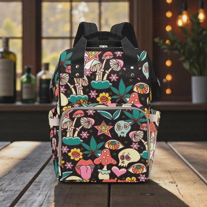 Colorful mushroom skull backpack, retro diaper bag, travel organizer, baby nursery backpack, statement print