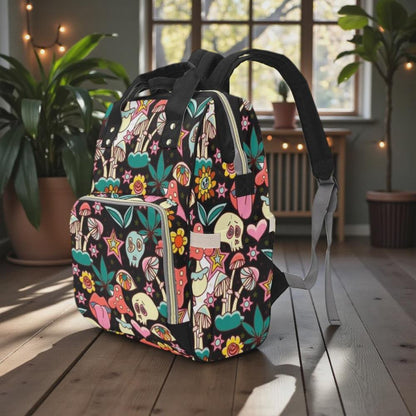 Colorful mushroom skull backpack, retro diaper bag, travel organizer, baby nursery backpack, statement print