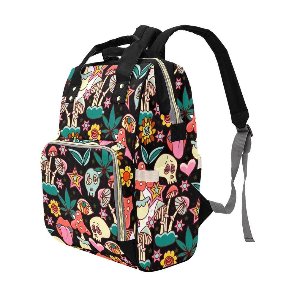 Colorful mushroom skull backpack, retro diaper bag, travel organizer, baby nursery backpack, statement print
