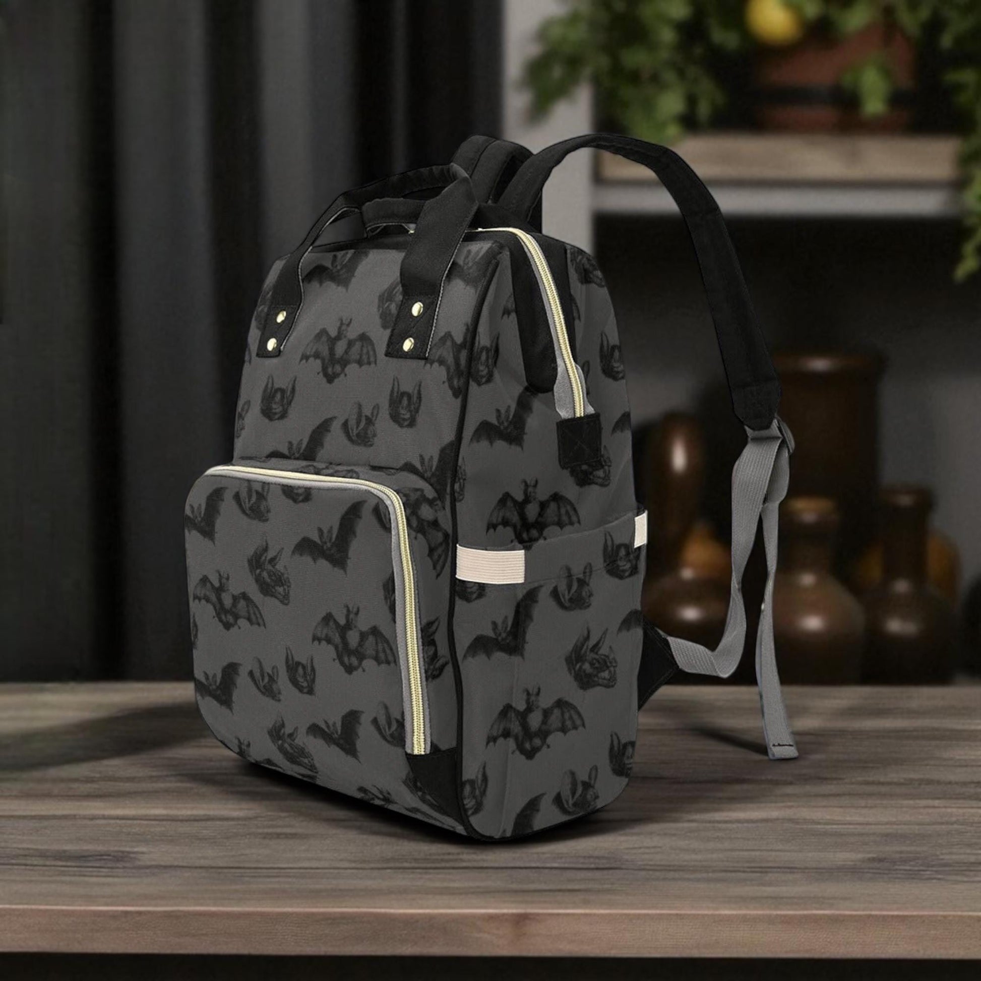 Spooky Bat Print Diaper Bag, Gothic Baby Backpack, Halloween Nappy Tote, Witchy Mom Gift