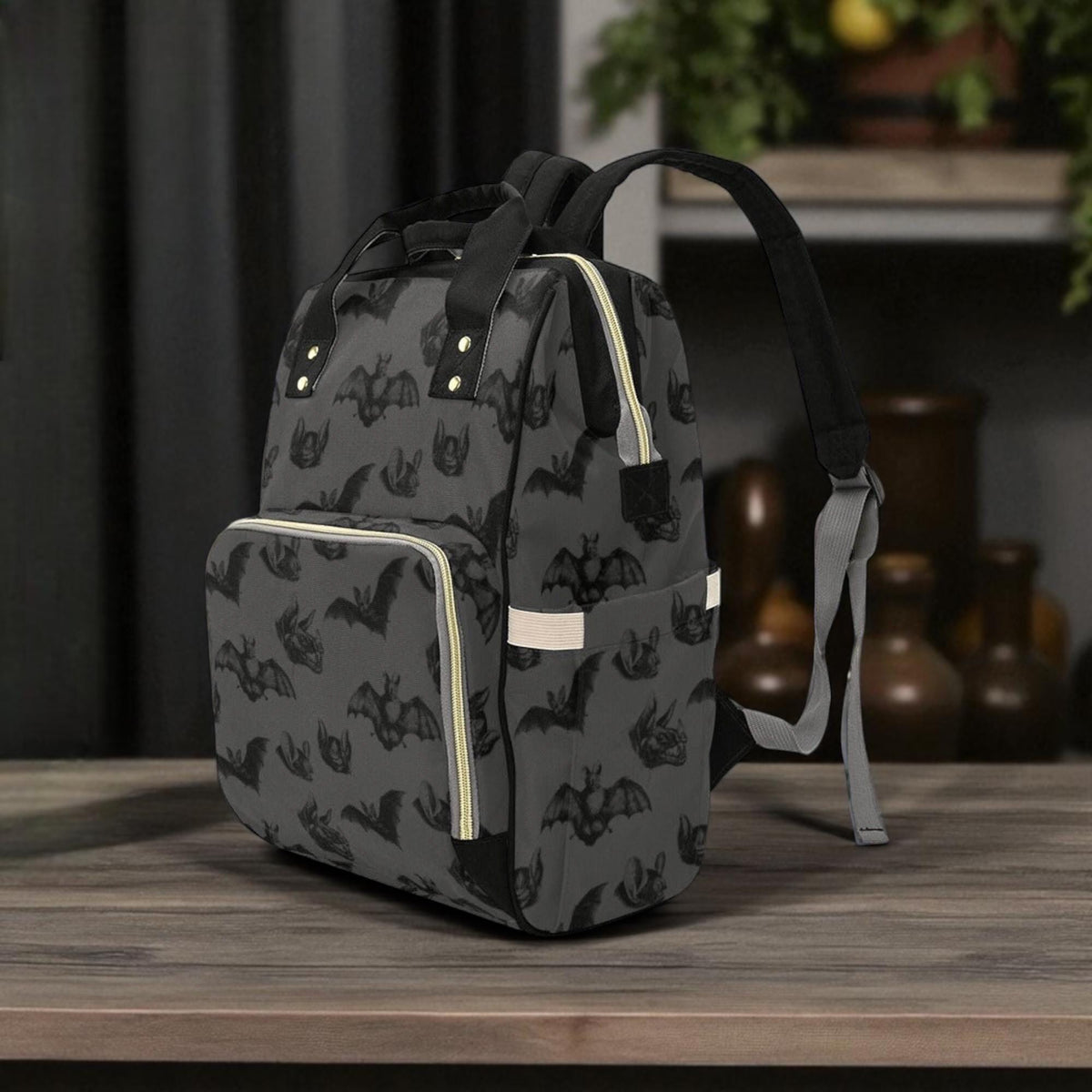 Spooky Bat Print Diaper Bag, Gothic Baby Backpack, Halloween Nappy Tote