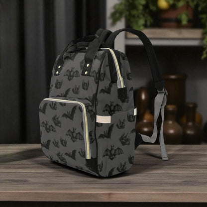 Spooky Bat Print Diaper Bag, Gothic Baby Backpack, Halloween Nappy Tote