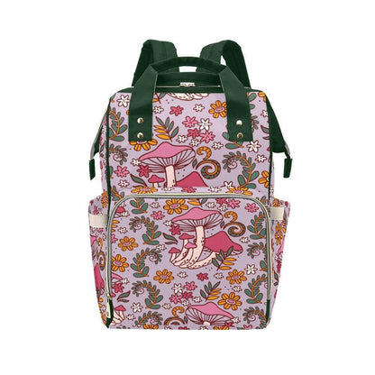 Pink mushroom floral backpack, retro flower baby diaper bag, cute whimsical mom tote