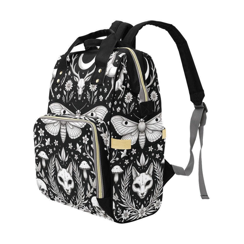 Celestial Diaper Bag Backpack, Monochrome Moth Nursery Organizer, Black Baby Travel Bag