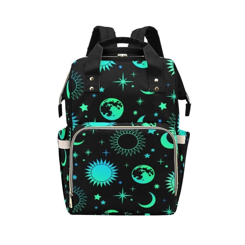 Celestial Diaper Backpack, Teal Moon Sun Star Mom Bag, Cosmic Nursery Organizer, Witchy Space Print Travel Bag