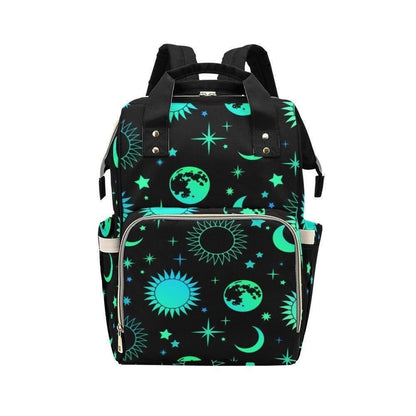 Celestial Diaper Backpack, Teal Moon Sun Star Mom Bag, Cosmic Nursery Organizer, Witchy Space Print Travel Bag