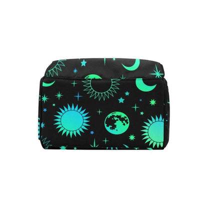 Celestial Diaper Backpack, Teal Moon Sun Star Mom Bag, Cosmic Nursery Organizer, Witchy Space Print Travel Bag