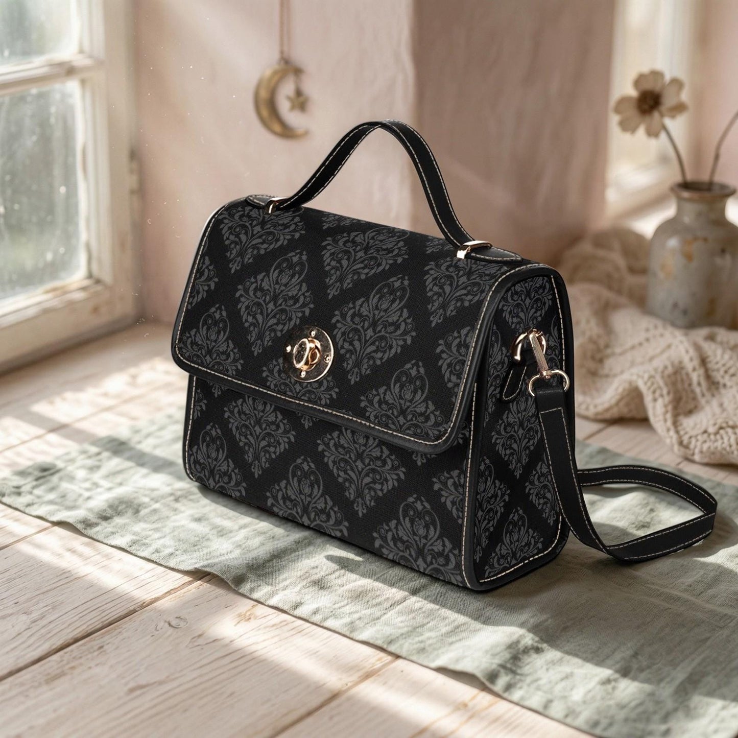 Black Damask Satchel Handbag, Baroque Top Handle Purse, Dark Academia Evening Bag