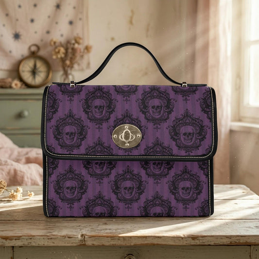 Gothic Skull Handbag, Purple Victorian Damask Satchel, Dark Academia Top Handle Bag