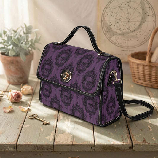 Gothic Skull Handbag, Purple Victorian Damask Satchel, Dark Academia Top Handle Bag