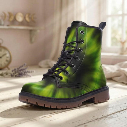 Green Tie-Dye Combat Boots, Vegan Leather Footwear, Grunge Festival Shoes, Edgy 90s Style Boots