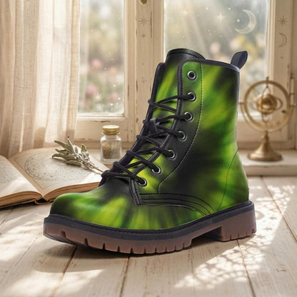 Green Tie-Dye Combat Boots, Vegan Leather Footwear, Grunge Festival Shoes, Edgy 90s Style Boots