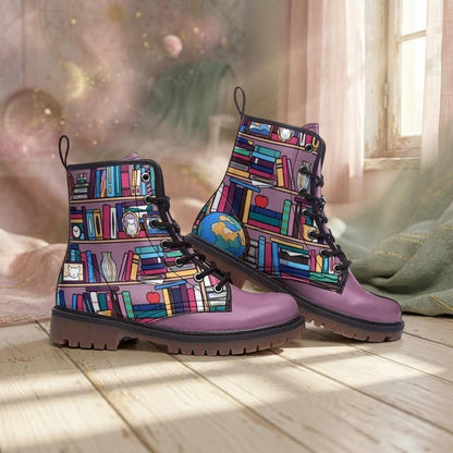 Whimsical Book Pattern Combat Boots