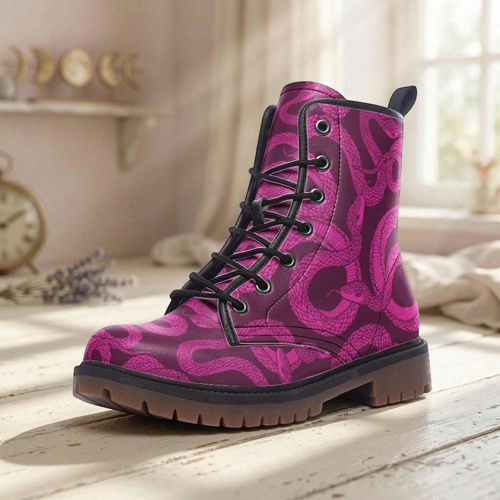 Magenta Snake Combat Boots, Witchy Punk Lace Up Shoes, Alt Girl Festival Footwear, Venom Print Grunge Boots,Gothic Reptile Aesthetic Fashion