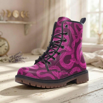 Magenta Snake Combat Boots, Witchy Punk Lace Up Shoes, Grunge Festival Footwear