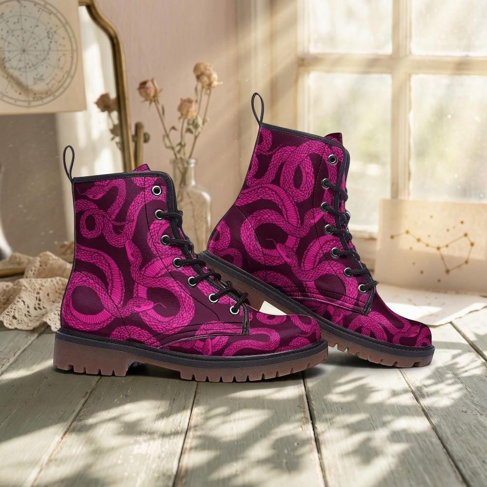 Magenta Snake Combat Boots, Witchy Punk Lace Up Shoes, Grunge Festival Footwear