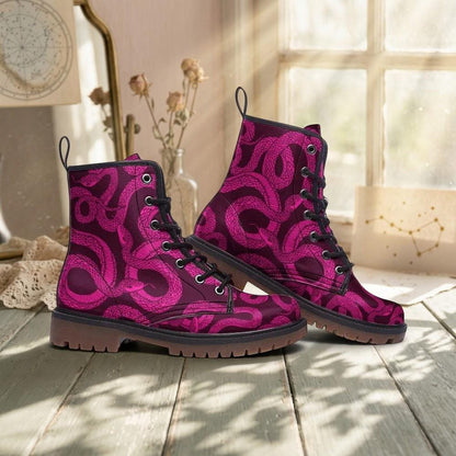 Magenta Snake Combat Boots, Witchy Punk Lace Up Shoes, Grunge Festival Footwear