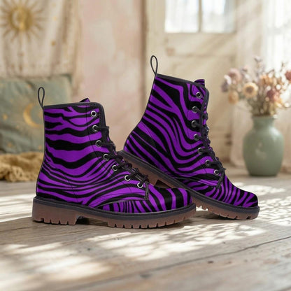 Purple Zebra Combat Boots, Bold Lace Up Platform Boots with Graphic Animal Print