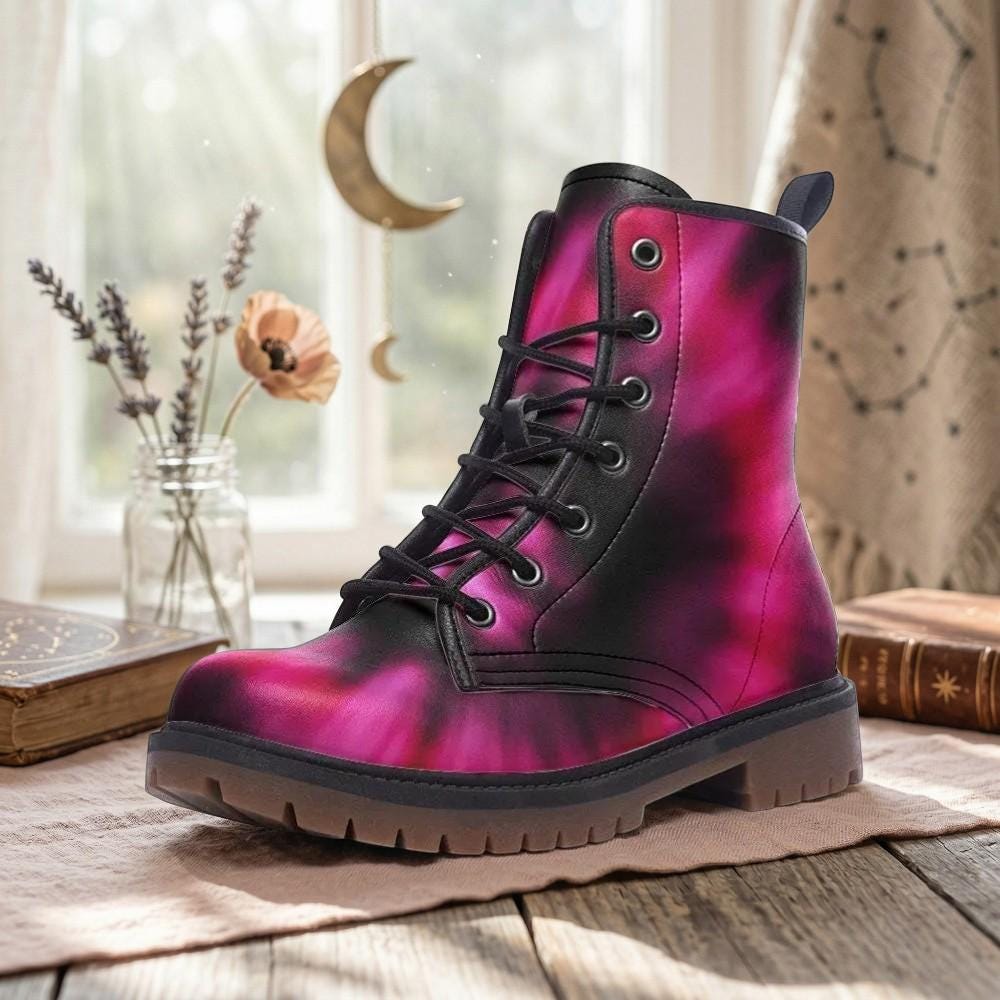Pink Combat Boots, Fuchsia Ombre Ankle Boots, Punk Style Statement Shoes