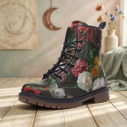 Dark floral combat boots, lace-up ankle shoes, vintage painterly flower footwear
