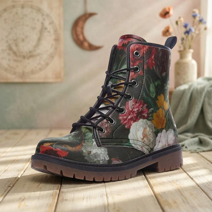 Dark floral combat boots, lace-up ankle shoes, vintage painterly flower footwear