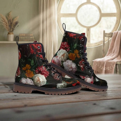 Dark floral combat boots, lace-up ankle shoes, vintage painterly flower footwear