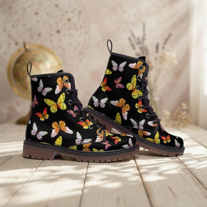 Butterfly Combat Boots, Vegan Leather Ankle Shoes, Colorful Nature-Inspired Chunky Boots, Unisex Lace-Up Footwear