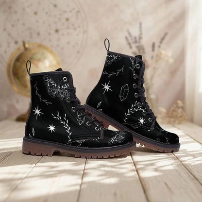 Black Vegan Leather Combat Boots, Insect Moth Print Lace Up Ankle Shoes