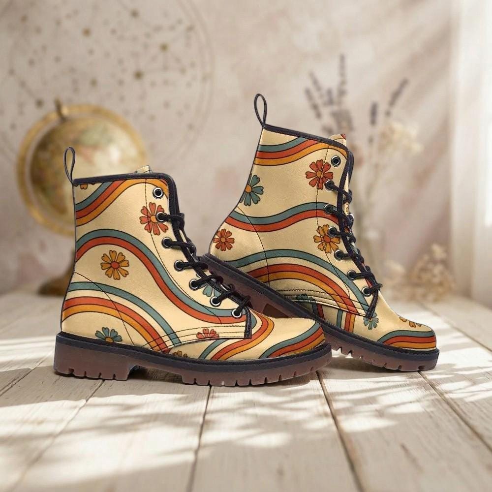 Retro Daisy Combat Boots, Vegan Leather, Rainbow Lace-Up Shoes