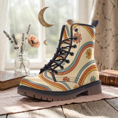 Retro Daisy Combat Boots, Vegan Leather, Rainbow Lace-Up Shoes
