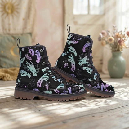 Witchy Combat Boots Celestial Moon Crystal Print Pastel Goth Lace Up Shoes