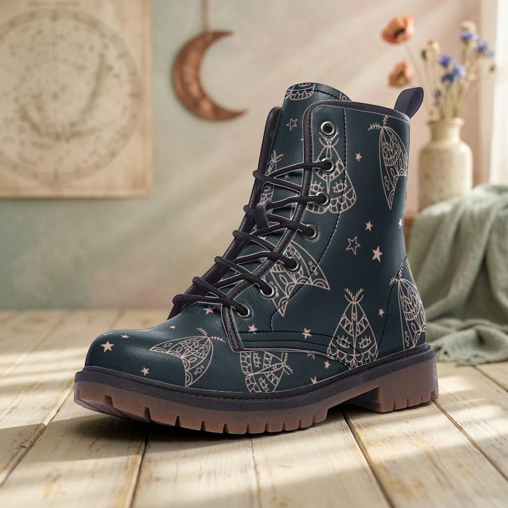 Line Art Moth Boots, Celestial Insect Lace Up Shoes, Mystical Starry Pattern Footwear