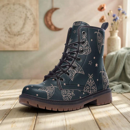 Line Art Moth Boots, Celestial Insect Lace Up Shoes, Mystical Starry Pattern Footwear