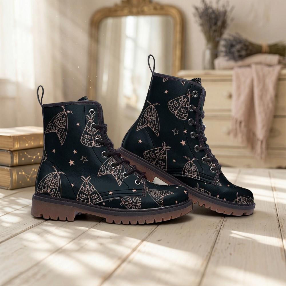 Line Art Moth Boots, Celestial Insect Lace Up Shoes, Mystical Starry Pattern Footwear